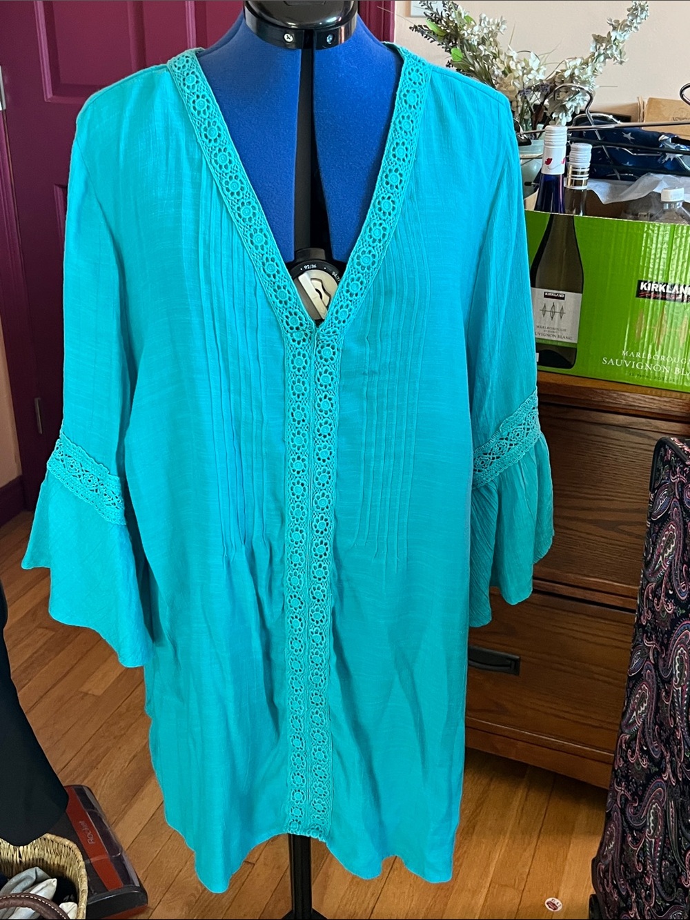 Avenue Teal Crochet-Trim V-Neck Bell Sleeve Tunic